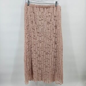 NWT Women's Adrianna Papell Champagne Pleated Lace Midi Pull-On Skirt Size L